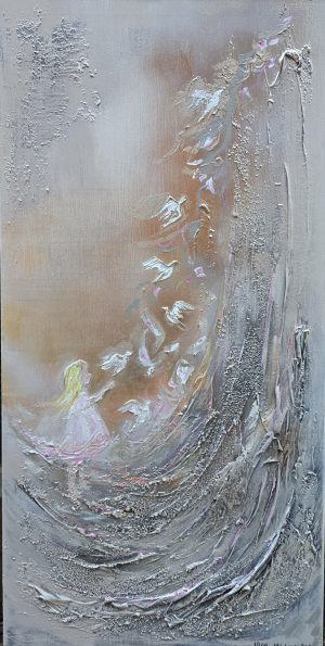 Tyttö ja toivon linnut, taulun koko 50x100cm