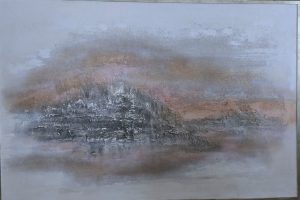 "Puunto pilven, johon päivä hukkuu" Taulun koko 125 x 185cm. Taulu on kehystetty