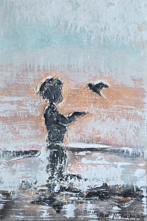 Poika ja lintu, taulun koko 20x30cm